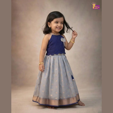 Kids Raw Silk Halter Neck Lehanga Choli in Navy with Silver PPP2057