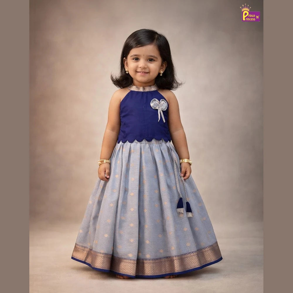 Kids Raw Silk Halter Neck Lehanga Choli in Navy with Silver PPP2057