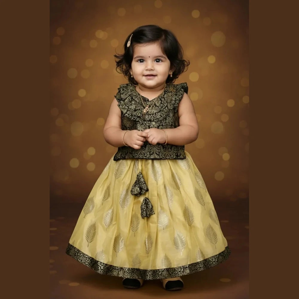 Kids Raw Silk Lehenga Choli Black with Yellow LC271