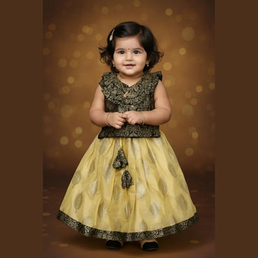 Kids Raw Silk Lehenga Choli Black with Yellow LC271