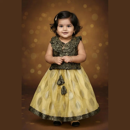 Kids Raw Silk Lehenga Choli Black with Yellow LC271