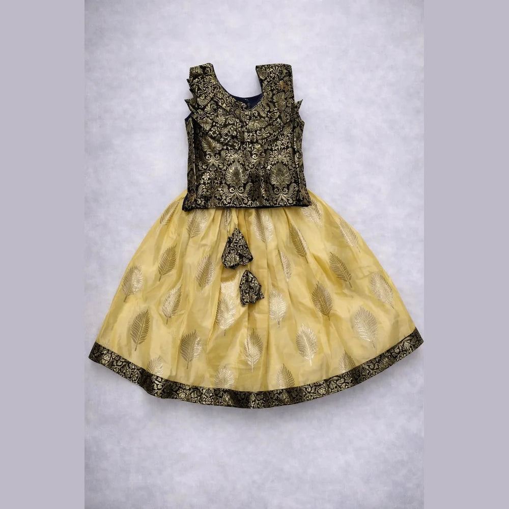 Kids Raw Silk Lehenga Choli Black with Yellow LC271