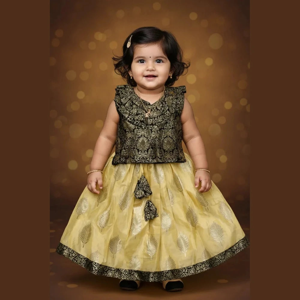 Kids Raw Silk Lehenga Choli Black with Yellow LC271
