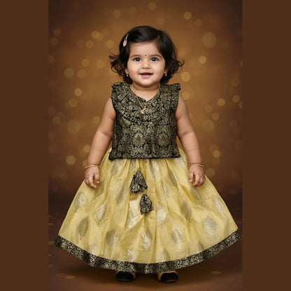 Kids Raw Silk Lehenga Choli Black with Yellow LC271