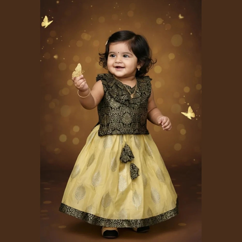 Kids Raw Silk Lehenga Choli Black with Yellow LC271