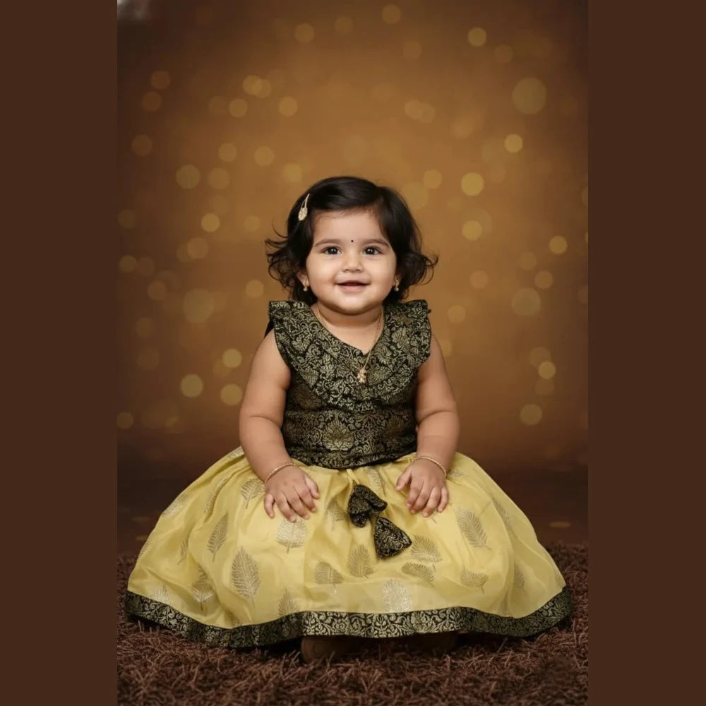 Kids Raw Silk Lehenga Choli Black with Yellow LC271