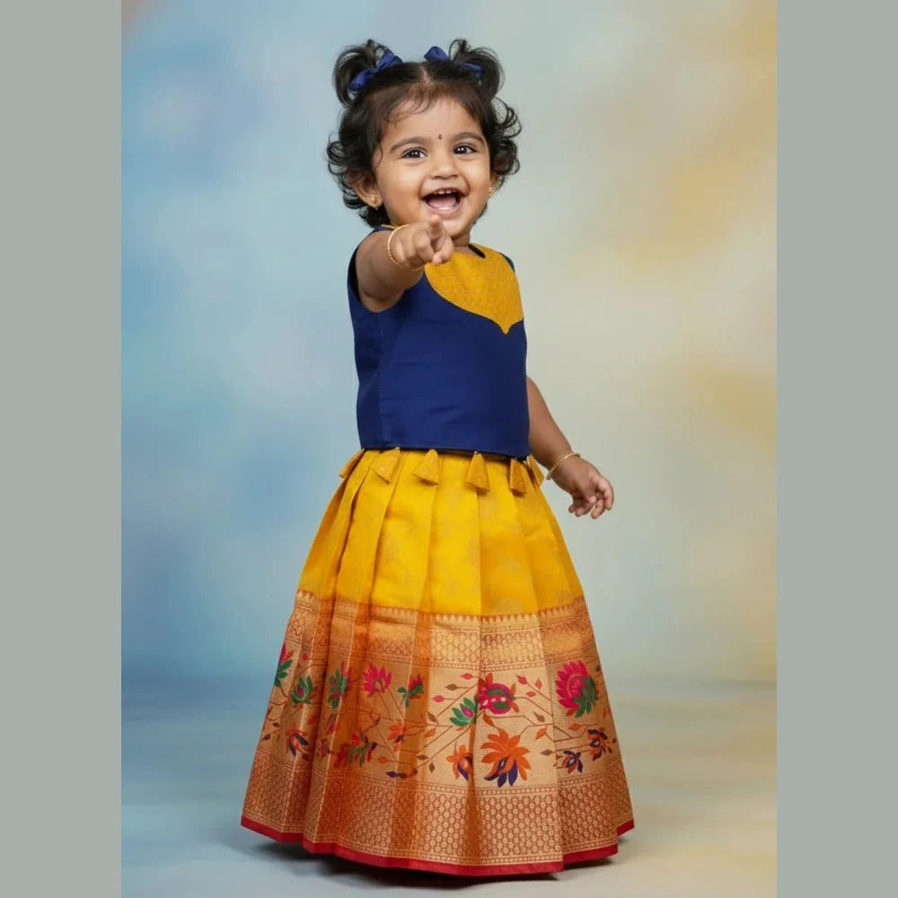Kids Raw Silk Lehenga Choli Navy with Yellow LC289
