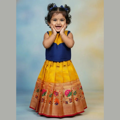 Kids Raw Silk Lehenga Choli Navy with Yellow LC289