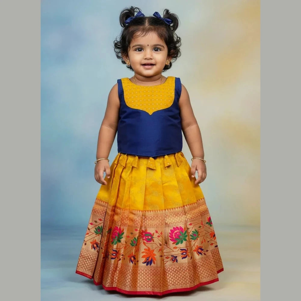 Kids Raw Silk Lehenga Choli Navy with Yellow LC289