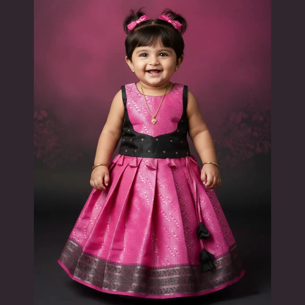 Kids Raw Silk Lehenga Choli Pink with Grey LC288