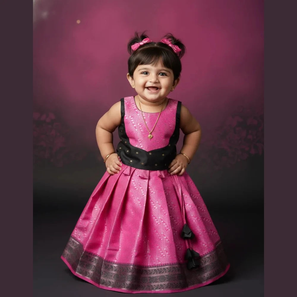 Kids Raw Silk Lehenga Choli Pink with Grey LC288