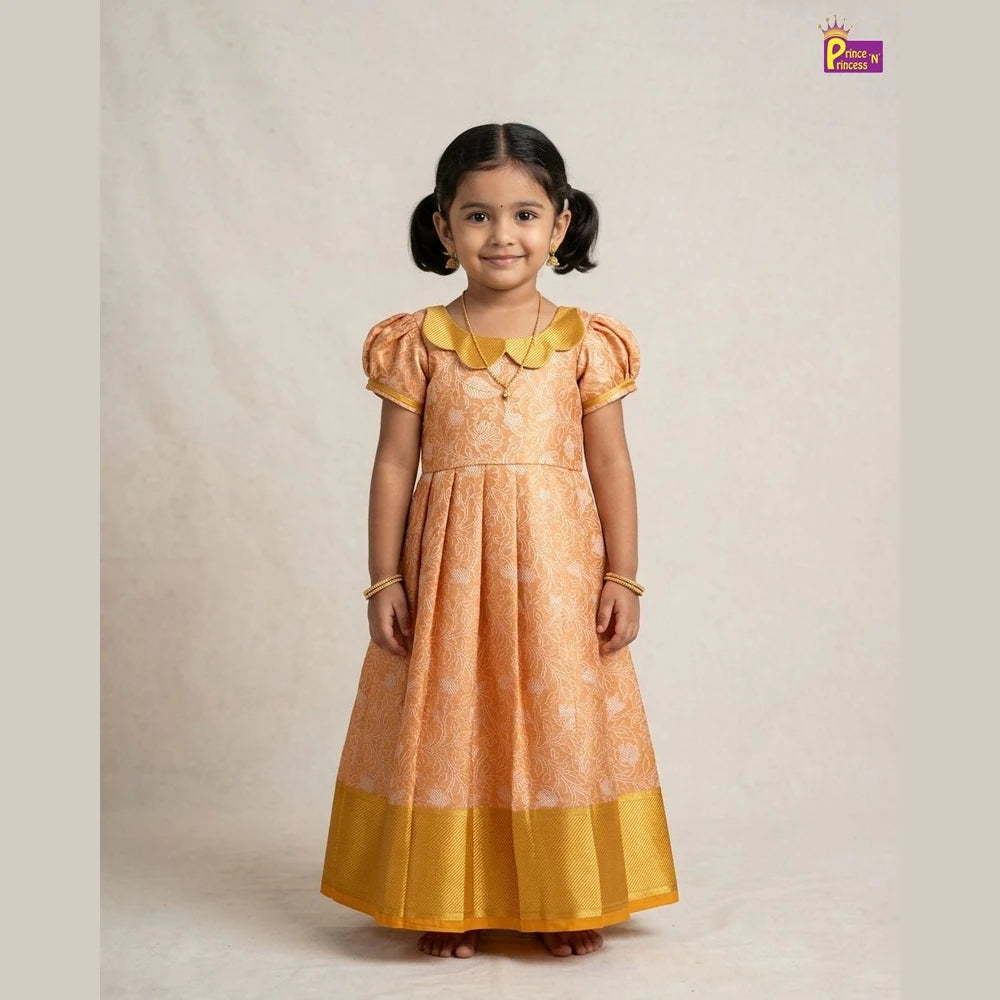 Kids Raw Silk Traditional Long Gown Orange with Golden PG686