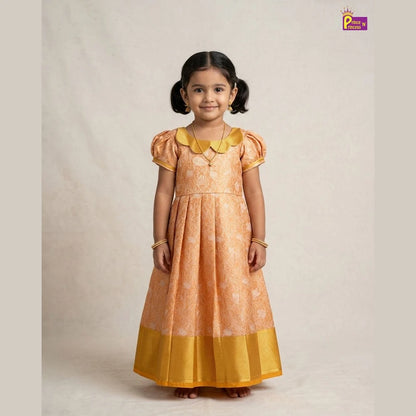 Kids Raw Silk Traditional Long Gown Orange with Golden PG686