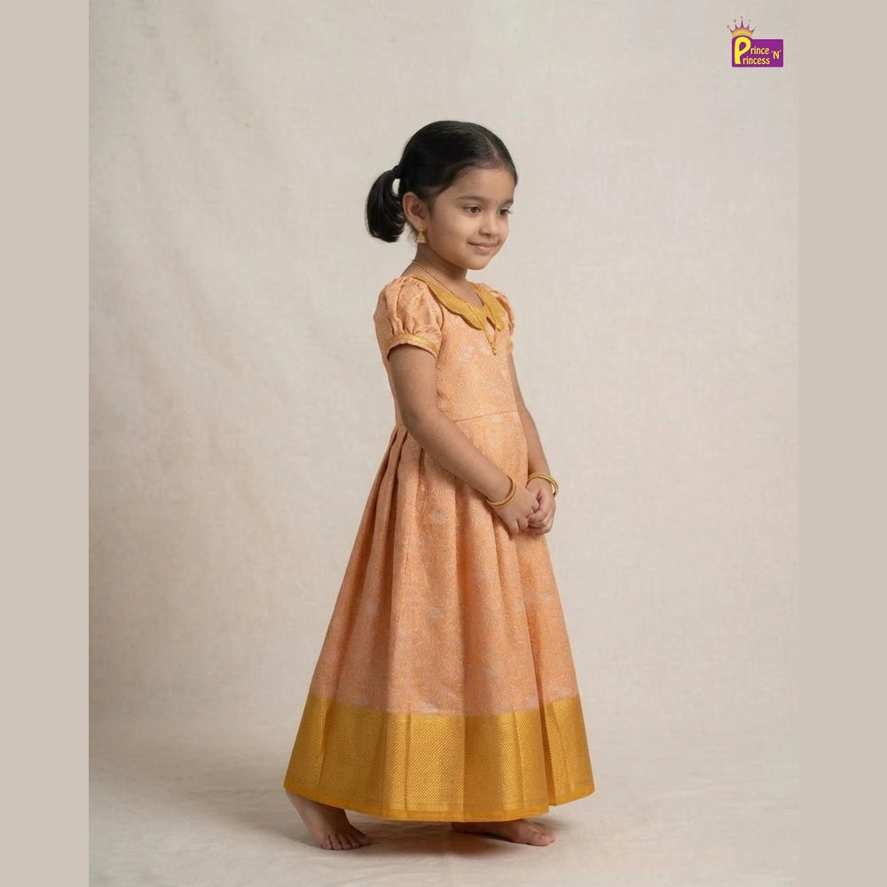 Kids Raw Silk Traditional Long Gown Orange with Golden PG686