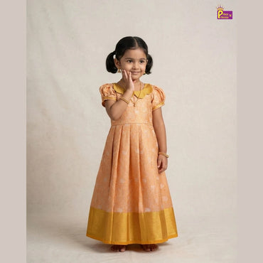Kids Raw Silk Traditional Long Gown Orange with Golden PG686