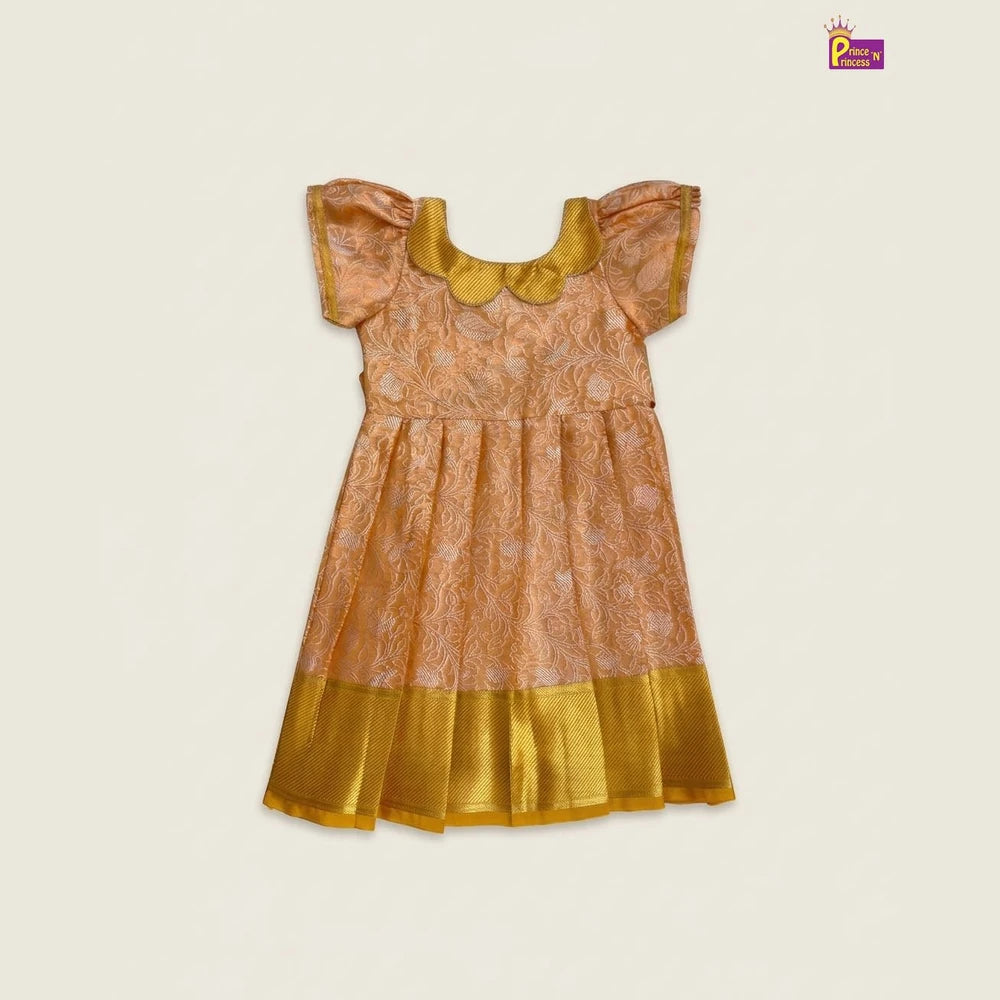 Kids Raw Silk Traditional Long Gown Orange with Golden PG686