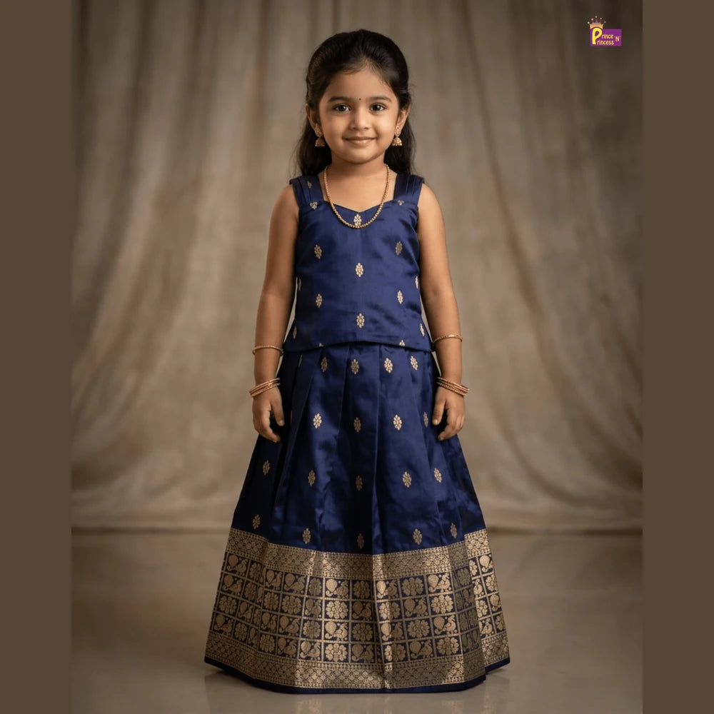 Kids Raw Silk Traditional Pattu Pavadai Navy PPP2044
