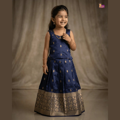 Kids Raw Silk Traditional Pattu Pavadai Navy PPP2044