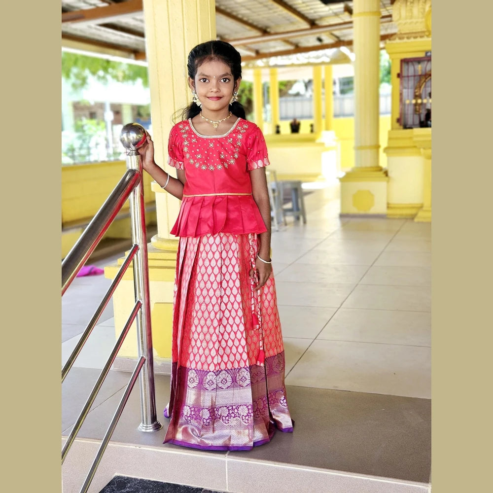 Kids Red Traditional AARI Work Pattu Pavadai PPP1536