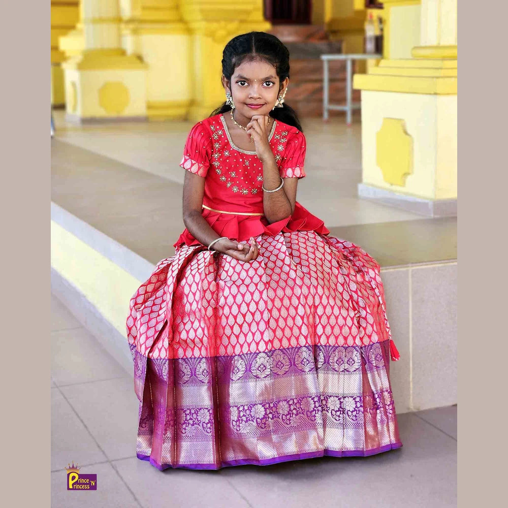 Kids Red Traditional AARI Work Pattu Pavadai PPP1536