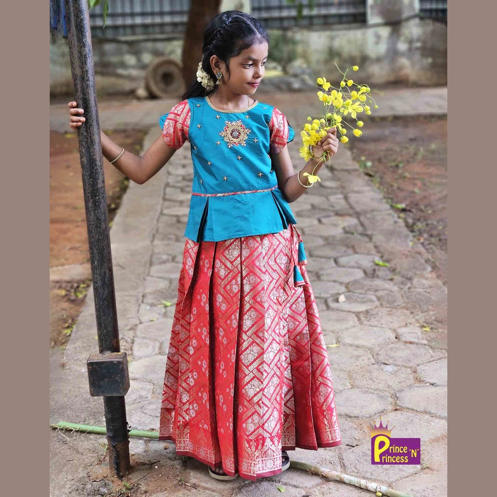 Kids Red Traditional AARI Work Pattu Pavadai PPP1537