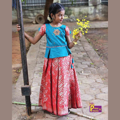 Kids Red Traditional AARI Work Pattu Pavadai PPP1537