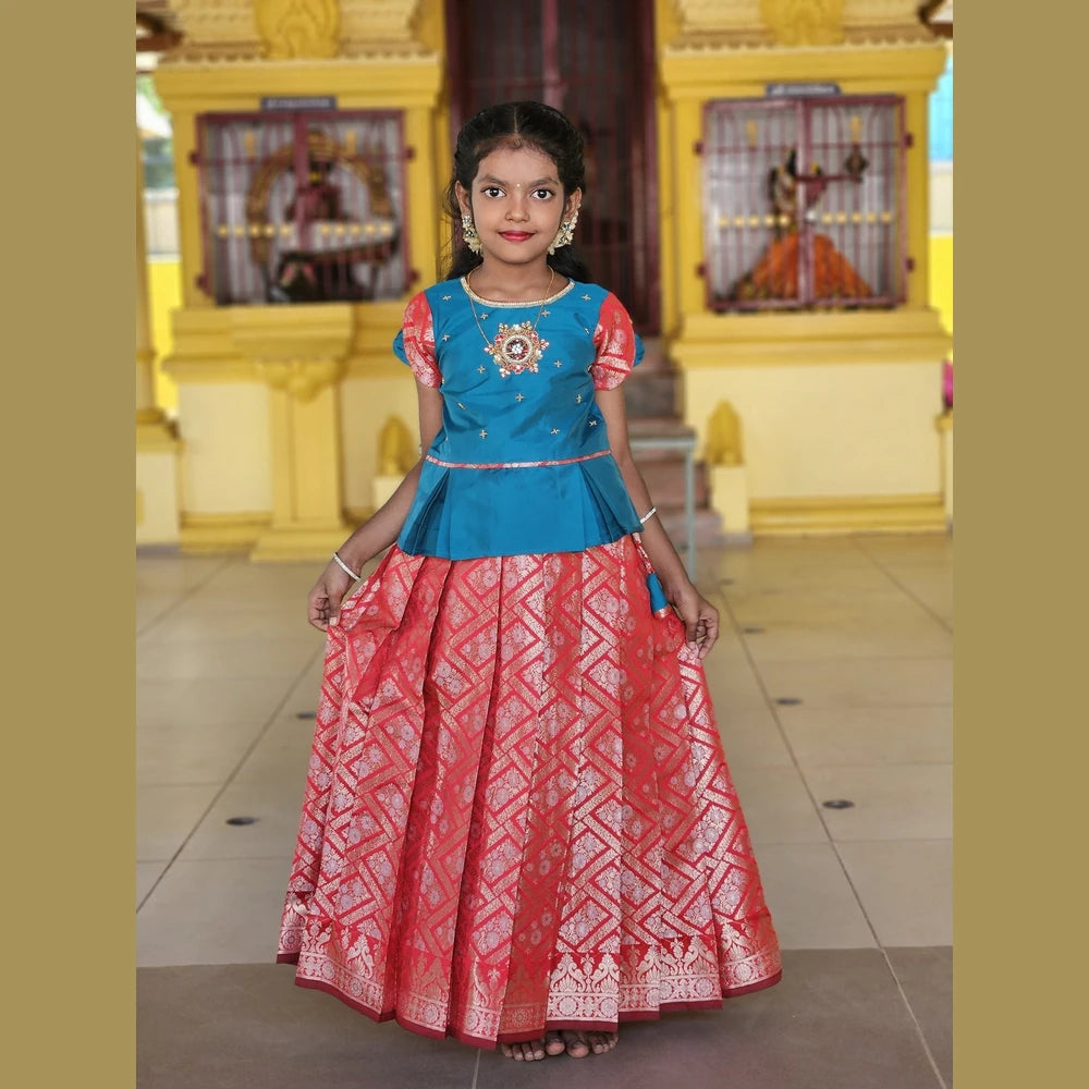 Kids Red Traditional AARI Work Pattu Pavadai PPP1537
