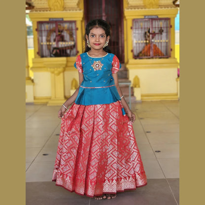 Kids Red Traditional AARI Work Pattu Pavadai PPP1537