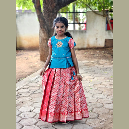 Kids Red Traditional AARI Work Pattu Pavadai PPP1537