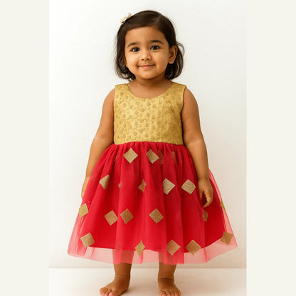 Kids Red with Biege Party Frock LDF302