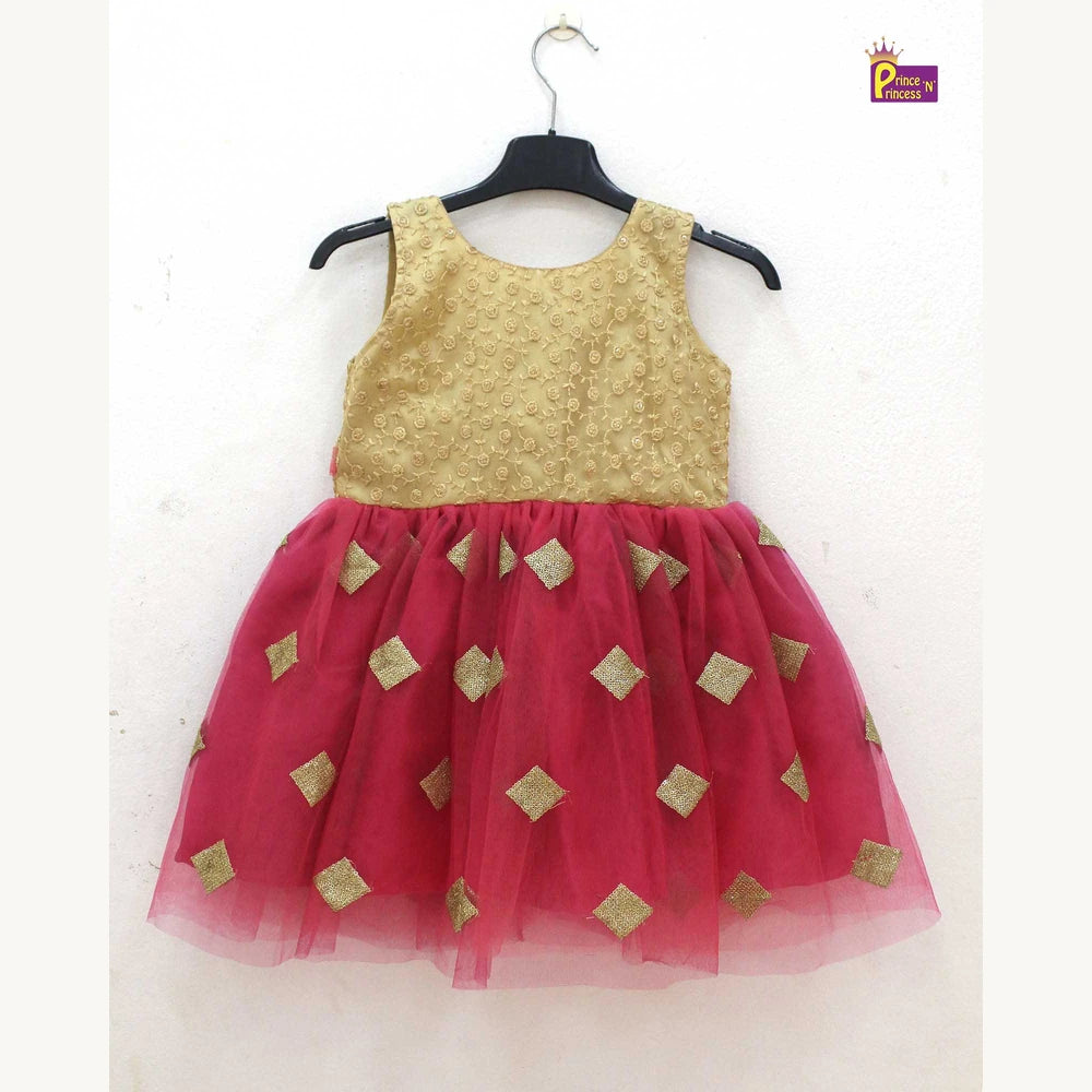 Kids Red with Biege Party Frock LDF302