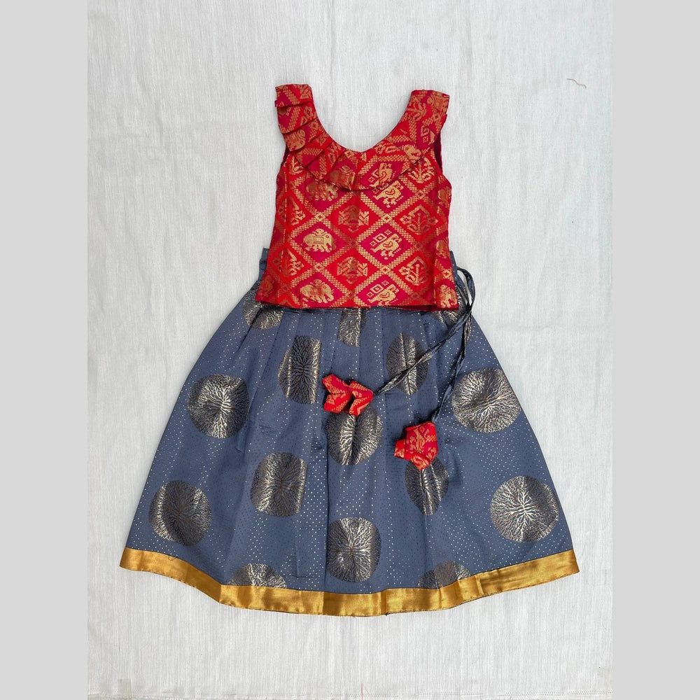 Kids Red With Grey Knot Pattu pavadai LC275