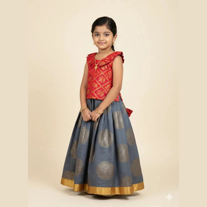 Kids Red With Grey Knot Pattu pavadai LC275