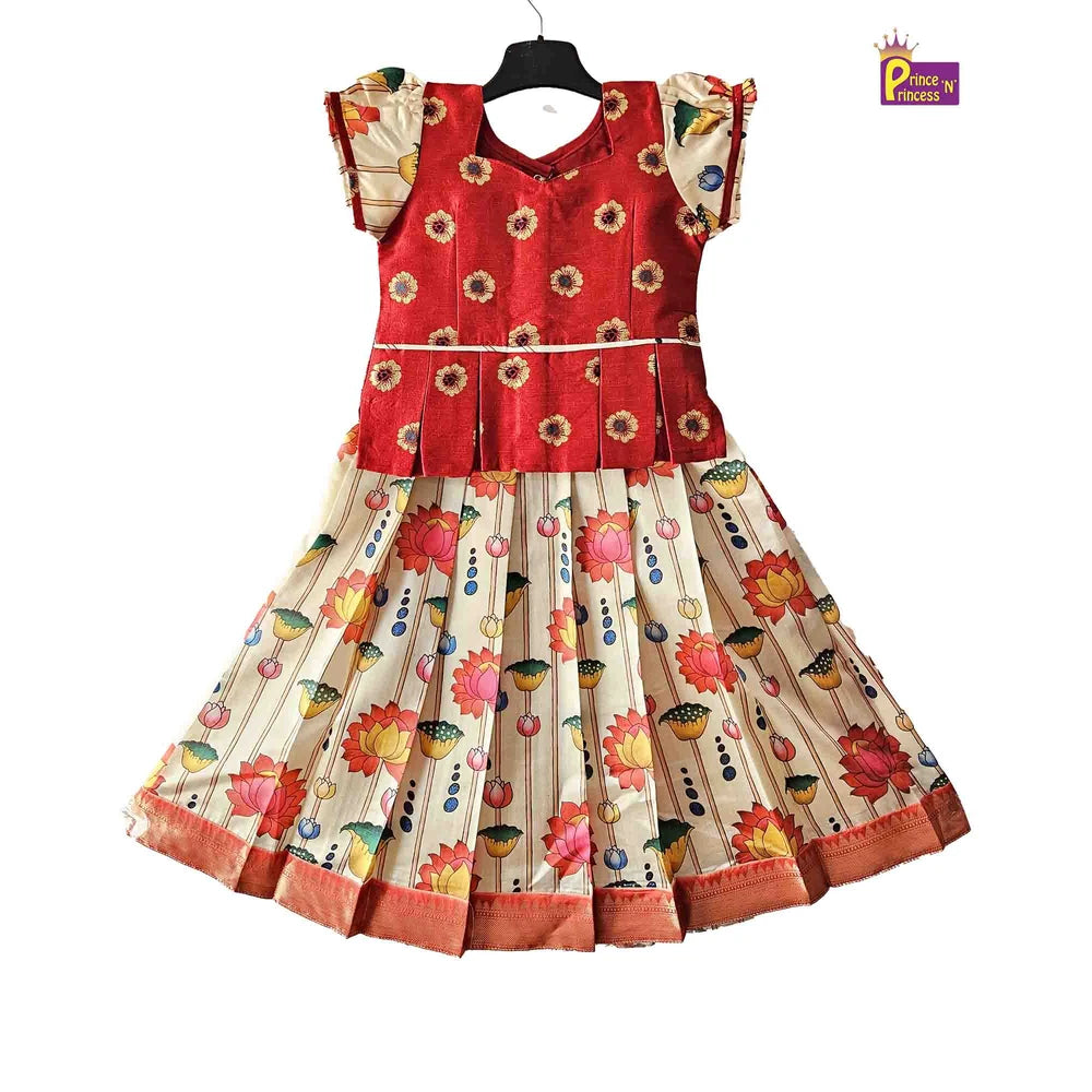 Kids Red With Half White Festival Wear Pattu Pavadai PPP1427