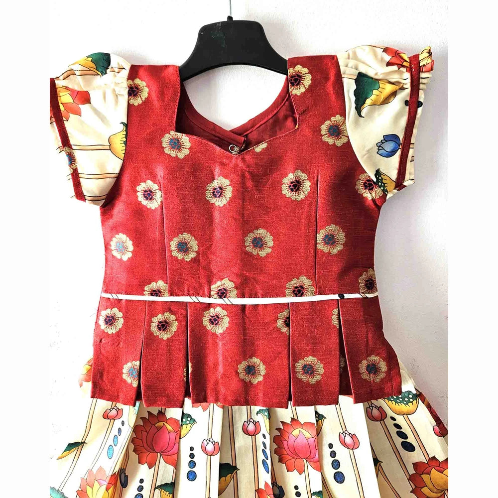 Kids Red With Half White Festival Wear Pattu Pavadai PPP1427