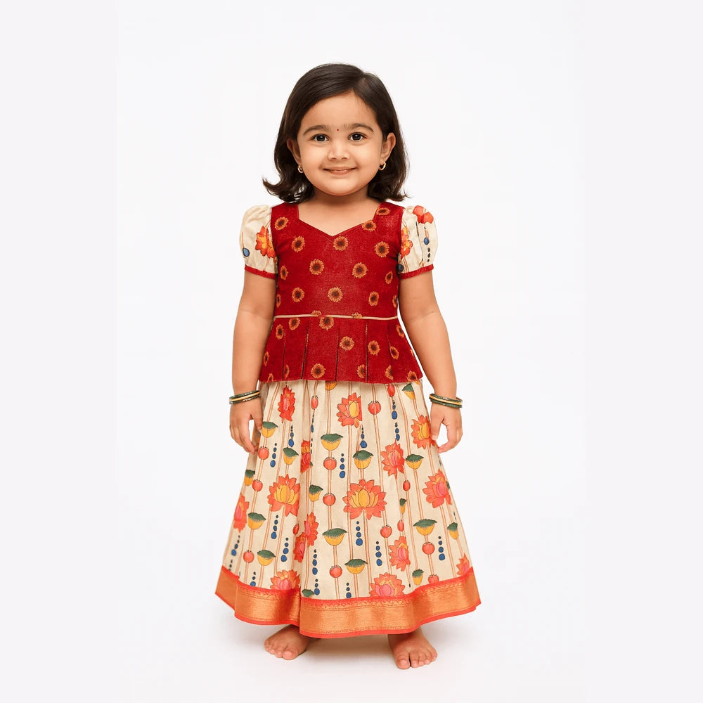 Kids Red With Half White Festival Wear Pattu Pavadai PPP1427