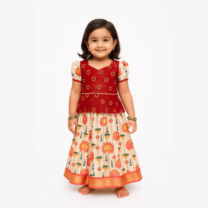 Kids Red With Half White Festival Wear Pattu Pavadai PPP1427