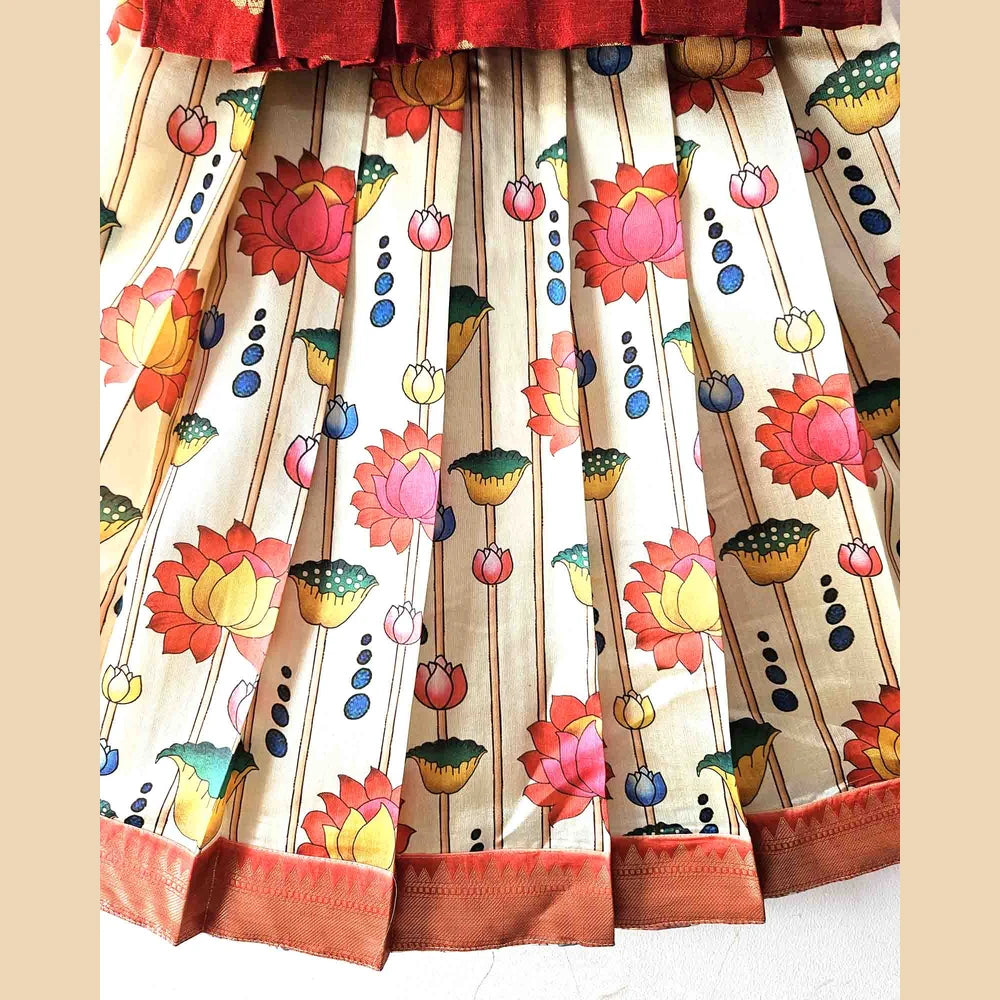 Kids Red With Half White Festival Wear Pattu Pavadai PPP1427