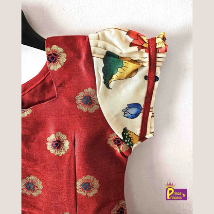 Kids Red With Half White Festival Wear Pattu Pavadai PPP1427