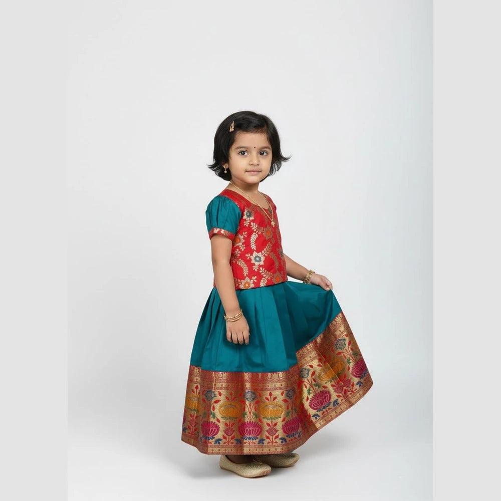 Kids Red With Rama Green Traditional Pattu Pavadai PPP1591
