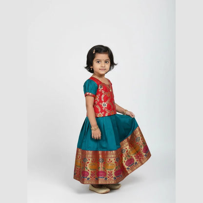 Kids Red With Rama Green Traditional Pattu Pavadai PPP1591