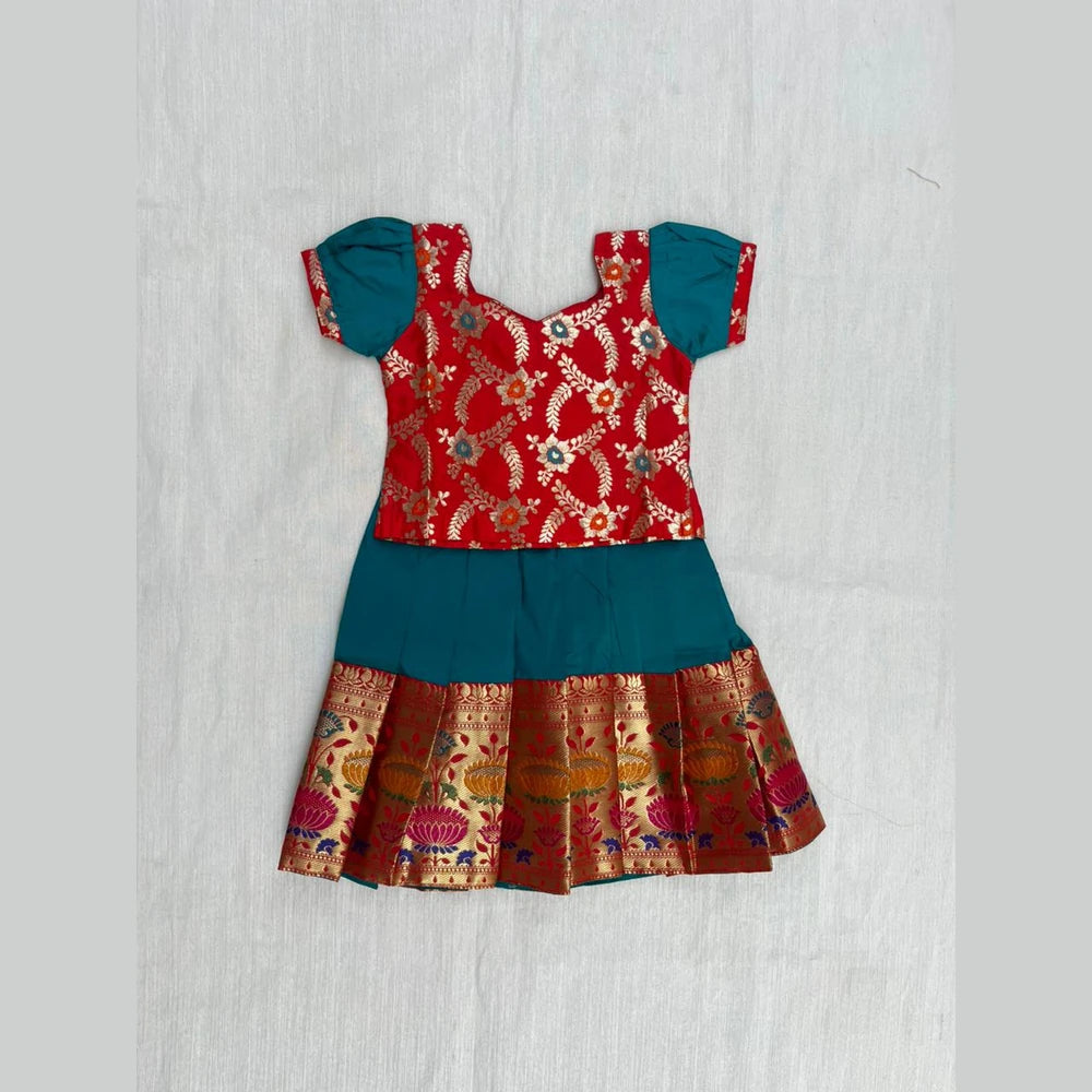 Kids Red With Rama Green Traditional Pattu Pavadai PPP1591