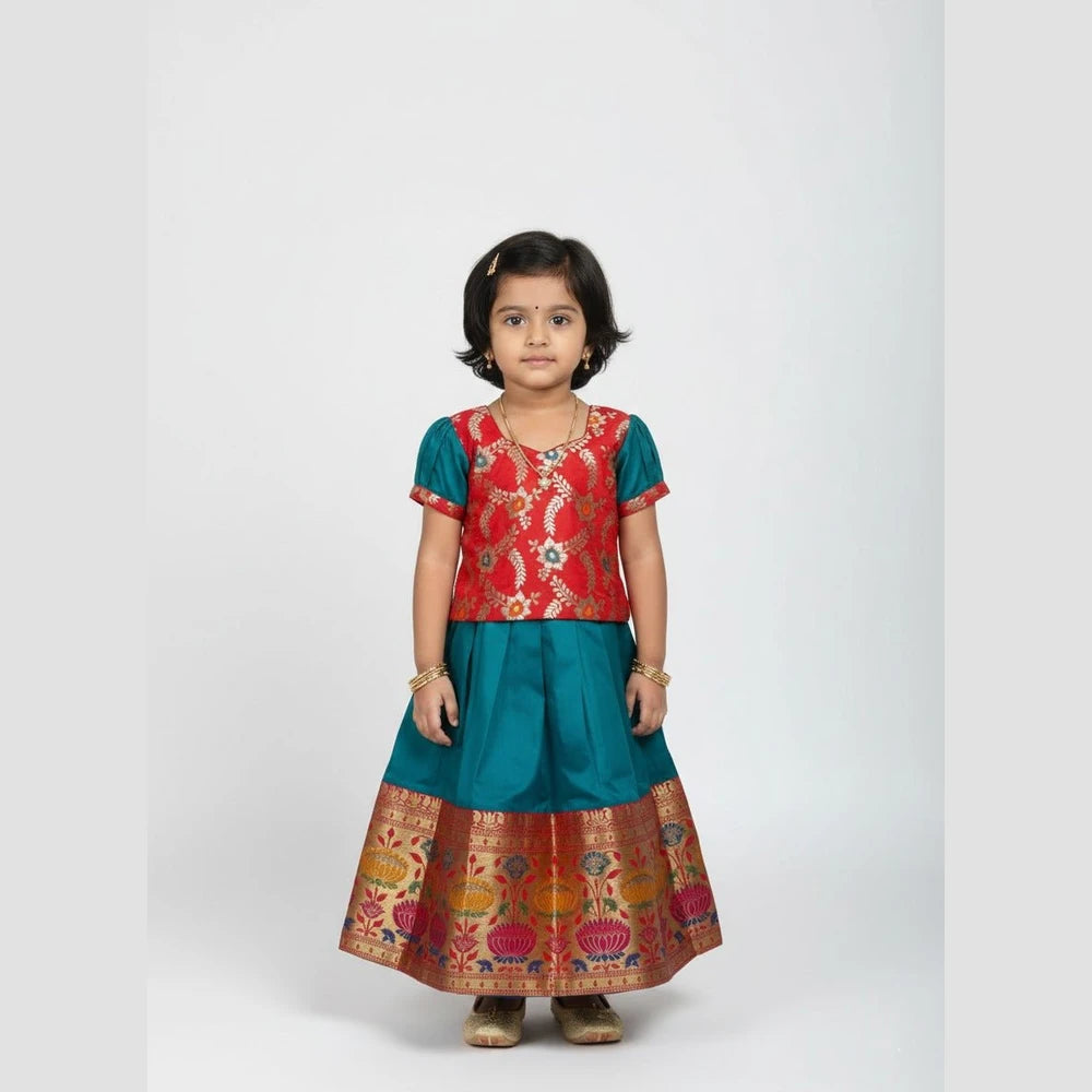 Kids Red With Rama Green Traditional Pattu Pavadai PPP1591