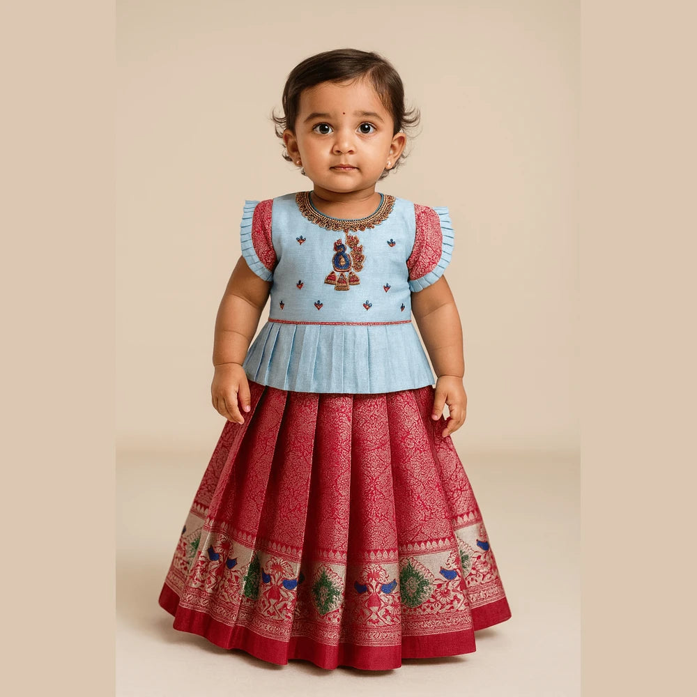 Peacock Aari Work Pattu Pavadai Sky Blue Pink | Designer Sleeve Set PPP1767