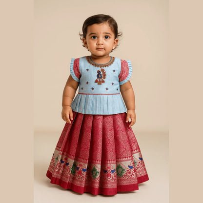 Peacock Aari Work Pattu Pavadai Sky Blue Pink | Designer Sleeve Set PPP1767