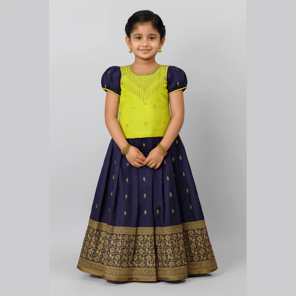 Kids Sky Green Navy Blue Embroidery Aari Work Pattu Pavadai Ppp982