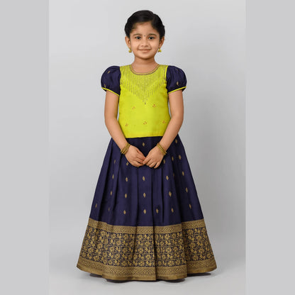 Kids Sky Green Navy Blue Embroidery Aari Work Pattu Pavadai Ppp982