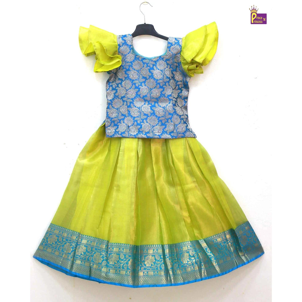 Kids Skyblue Green Traditional Pattupavadai PPP1579