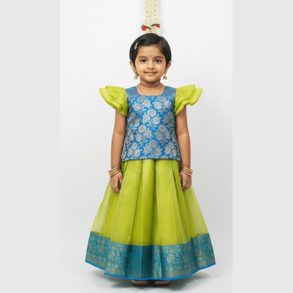 Kids Skyblue Green Traditional Pattupavadai PPP1579