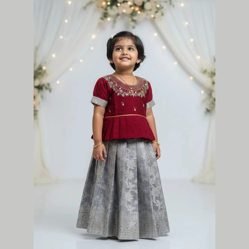 Kids T.AARI Work Pattu Pavadai Maroon and Grey PPP1738